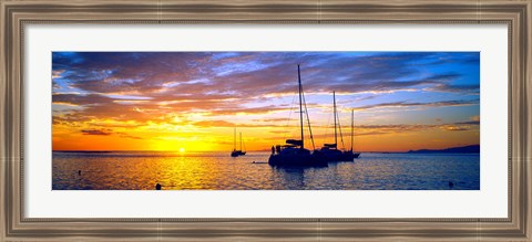 Framed Silhouette of sailboats in the ocean at sunset, Tahiti, Society Islands, French Polynesia Print
