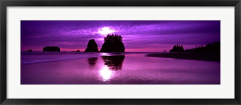 Framed Silhouette of sea stacks at sunset, Second Beach, Washington State Print