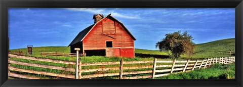 Framed Old barn with fence in a field, Palouse, Whitman County, Washington State, USA Print