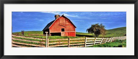 Framed Old barn with fence in a field, Palouse, Whitman County, Washington State, USA Print