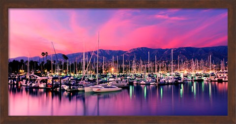 Framed Boats moored in harbor at sunset, Santa Barbara Harbor, Santa Barbara County, California, USA Print