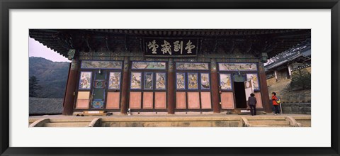 Framed Buddhist temple with a mountain range in the background, Kayasan Mountains, Haeinsa Temple, Gyeongsang Province, South Korea Print