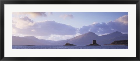 Framed Castle at dusk with mountains in the background, Castle Stalker, Argyll, Highlands Region, Scotland Print