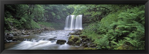 Framed Waterfall in a forest, Sgwd Yr Eira (Waterfall of Snow), Afon Hepste, Brecon Beacons National Park, Wales Print