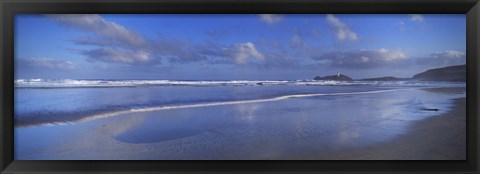 Framed Beach at sunrise, Gwithian Beach, Godrevy Lighthouse, Cornwall, England Print