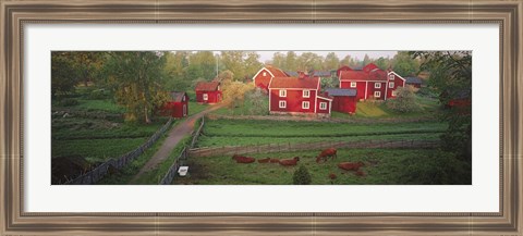 Framed Traditional red farm houses and barns at village, Stensjoby, Smaland, Sweden Print