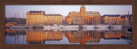 Framed Ferries and Sailboats moored at a harbor, Nybroviken, SAS Radisson Hotel, Stockholm, Sweden Print