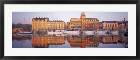 Framed Ferries and Sailboats moored at a harbor, Nybroviken, SAS Radisson Hotel, Stockholm, Sweden Print