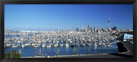 Framed Yachts at Waitemata Harbor, Sky Tower, Auckland, North Island, New Zealand Print