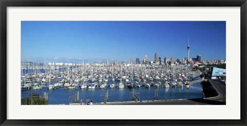 Framed Yachts at Waitemata Harbor, Sky Tower, Auckland, North Island, New Zealand Print