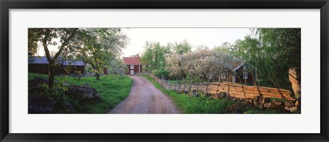 Framed Dirt road leading to farmhouses, Stensjoby, Smaland, Sweden Print