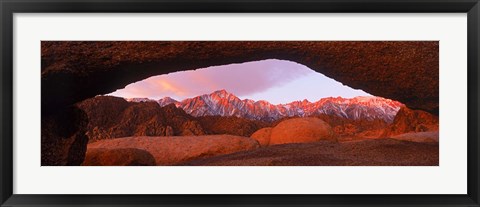 Framed Rock formations with mountains in the background, Mt Whitney, Lone Pine Peak, California, USA Print