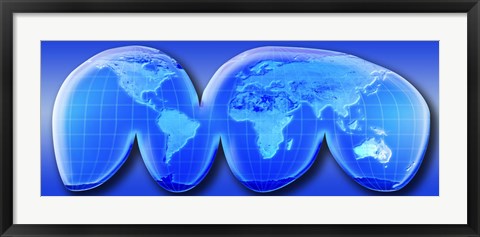 Framed Map of World from Goode&#39;s Homolosine Projection (blue) Print