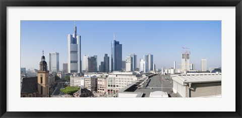 Framed City skyline with St. Catherine&#39;s Church from over the rooftop of the Cathedral Museum, Frankfurt, Hesse, Germany Print