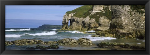 Framed Rock formations on the beach, Whiterocks Beach, Portrush, County Antrim, Northern Ireland Print