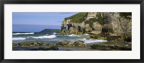 Framed Rock formations on the beach, Whiterocks Beach, Portrush, County Antrim, Northern Ireland Print