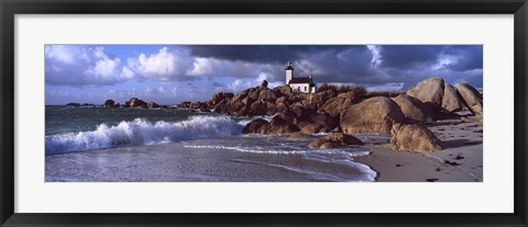 Framed Lighthouse on the coast, Pontusval Lighthouse, Brignogan, Finistere, Brittany, France Print