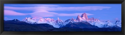 Framed Lenticular clouds and pre-dawn light over mountains, Mt Fitzroy, Cerro Torre, Argentine Glaciers National Park, Argentina Print