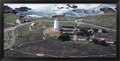 Framed Aerial view of Piedras Blancas Lighthouse on the coast, San Luis Obispo County, California, USA Print