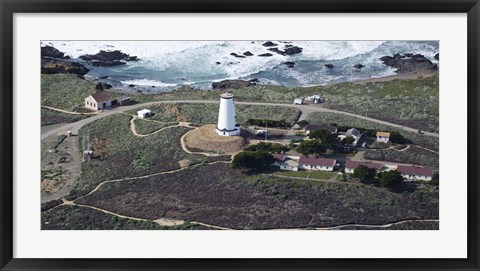 Framed Aerial view of Piedras Blancas Lighthouse on the coast, San Luis Obispo County, California, USA Print