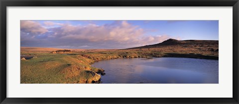 Framed Pond and warm evening light at Sharpitor, Dartmoor, Devon, England Print