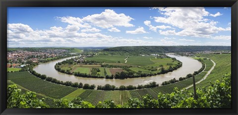 Framed High angle view of vineyards, Neckar River, Mundelsheim, Baden-Wurttemberg, Germany Print