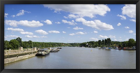 Framed Container ships at a canal lock, Neckar River, Lauffen am Neckar, Baden-Wurttemberg, Germany Print