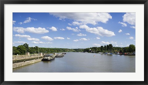 Framed Container ships at a canal lock, Neckar River, Lauffen am Neckar, Baden-Wurttemberg, Germany Print