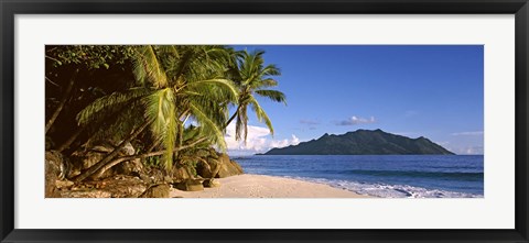 Framed Palm trees grow out over a small beach with Silhouette Island in the background, Seychelles Print