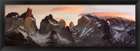 Framed Snowcapped mountain range, Paine Massif, Torres del Paine National Park, Magallanes Region, Patagonia, Chile Print