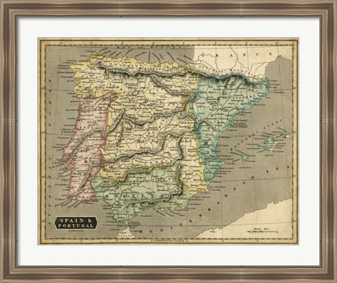 Framed Thomson&#39;s Map of Spain &amp; Portugal Print