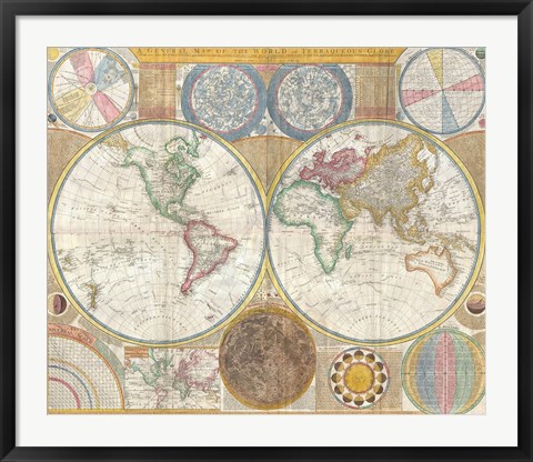 Framed 1794 Samuel Dunn Wall Map of the World in Hemispheres Print