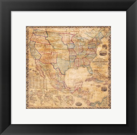 Framed 1856 Mitchell Wall Map of the United States and North America Print