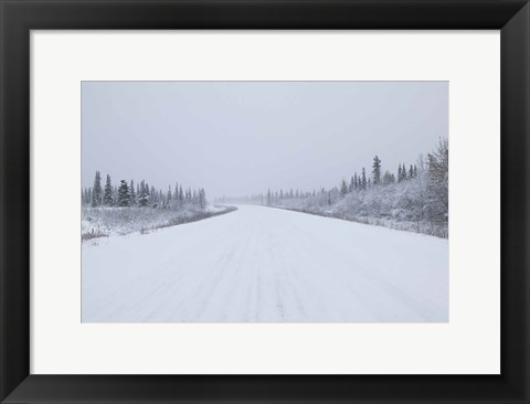 Framed Highway passing through a snow covered landscape, George Parks Highway, Denali National Park, Alaska, USA Print