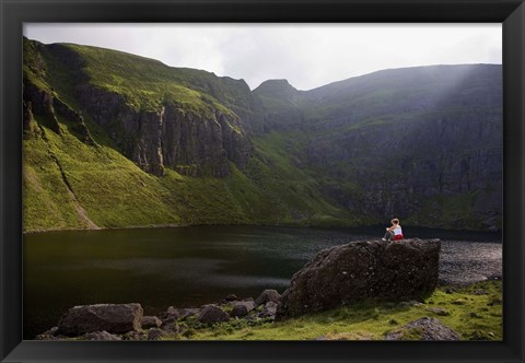 Framed Young Woman Meditating, Coumshingaun Lough, Coeragh Mountains, County Waterford, Ireland Print