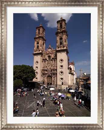 Framed Group of people in front of a cathedral, Santa Prisca Cathedral, Plaza Borda, Taxco, Guerrero, Mexico Print