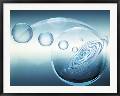 Framed Clear bubbles in descending size rising from water ripples surrounded by clear bubble Print