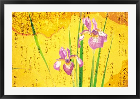 Framed Oriental batik style purple bearded iris and green leaves on mottled gold background Print