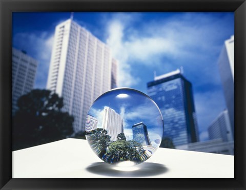 Framed Close up of clear globe with white sky line in center duplicated background Print