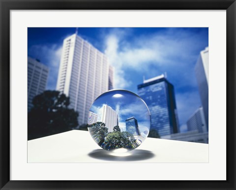 Framed Close up of clear globe with white sky line in center duplicated background Print