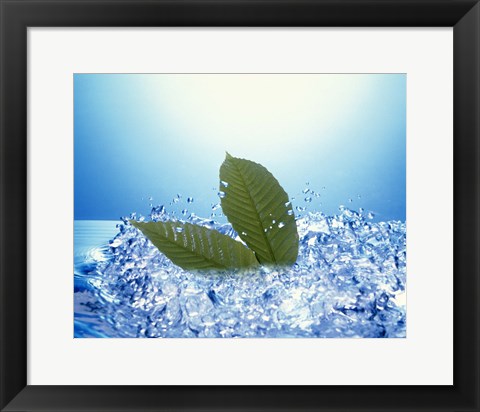 Framed Two green leaves in bubbling water Print