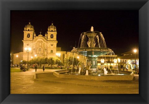 Framed Fountain lit up at night at a town square, Cuzco, Cusco Province, Cusco Region, Peru Print