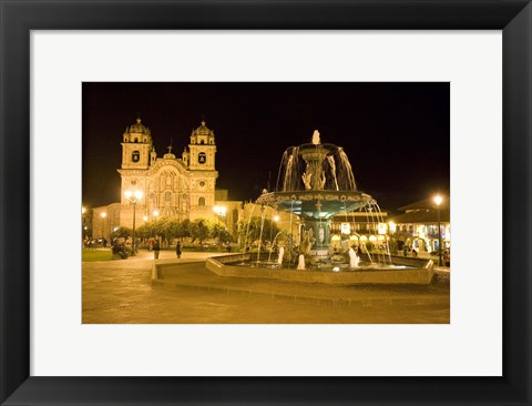 Framed Fountain lit up at night at a town square, Cuzco, Cusco Province, Cusco Region, Peru Print