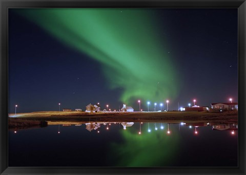 Framed Aurora Borealis over a town, Njardvik, Iceland Print