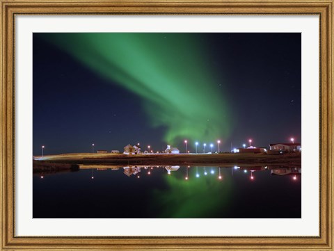 Framed Aurora Borealis over a town, Njardvik, Iceland Print