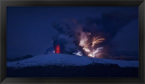 Framed Erupting Volcano at Night, Eyjafjallajokull, Iceland Print