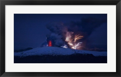 Framed Erupting Volcano at Night, Eyjafjallajokull, Iceland Print