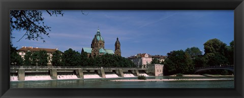 Framed Church at the riverside, St. Luke Church, Isar, Munich, Bavaria, Germany Print