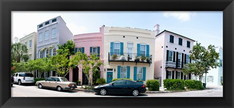 Framed Rainbow row colorful houses along a street, East Bay Street, Charleston, South Carolina, USA Print