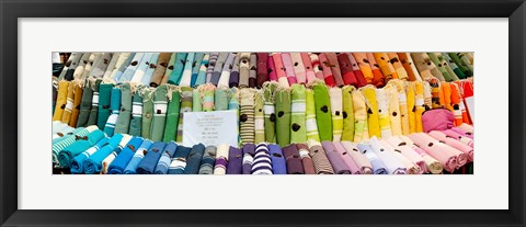 Framed Tablecloths for sale at a market stall, Lourmarin, Vaucluse, Provence-Alpes-Cote d&#39;Azur, France Print